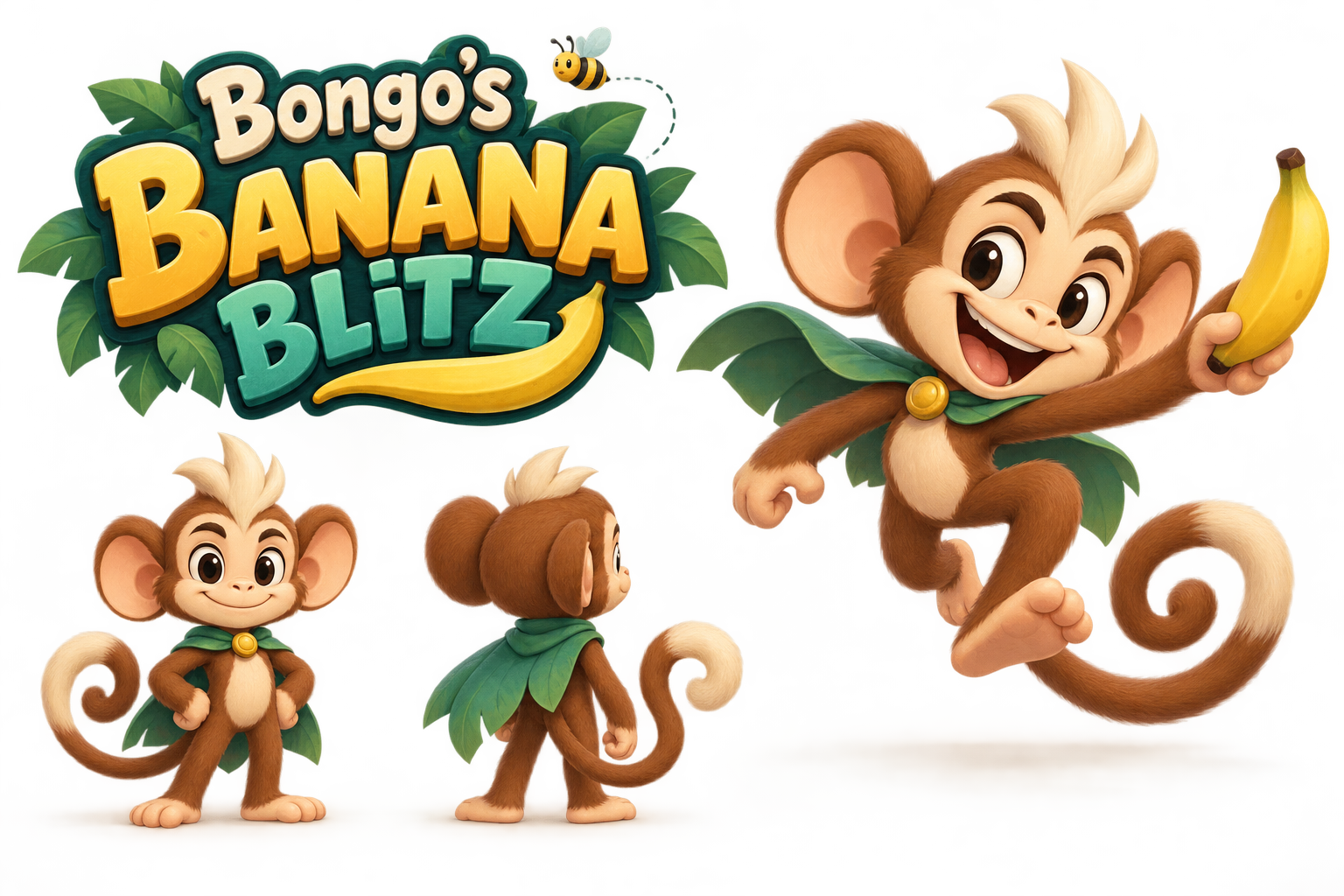 Bongo, a monkey with a green cape, alongside the Banana Blitz logo