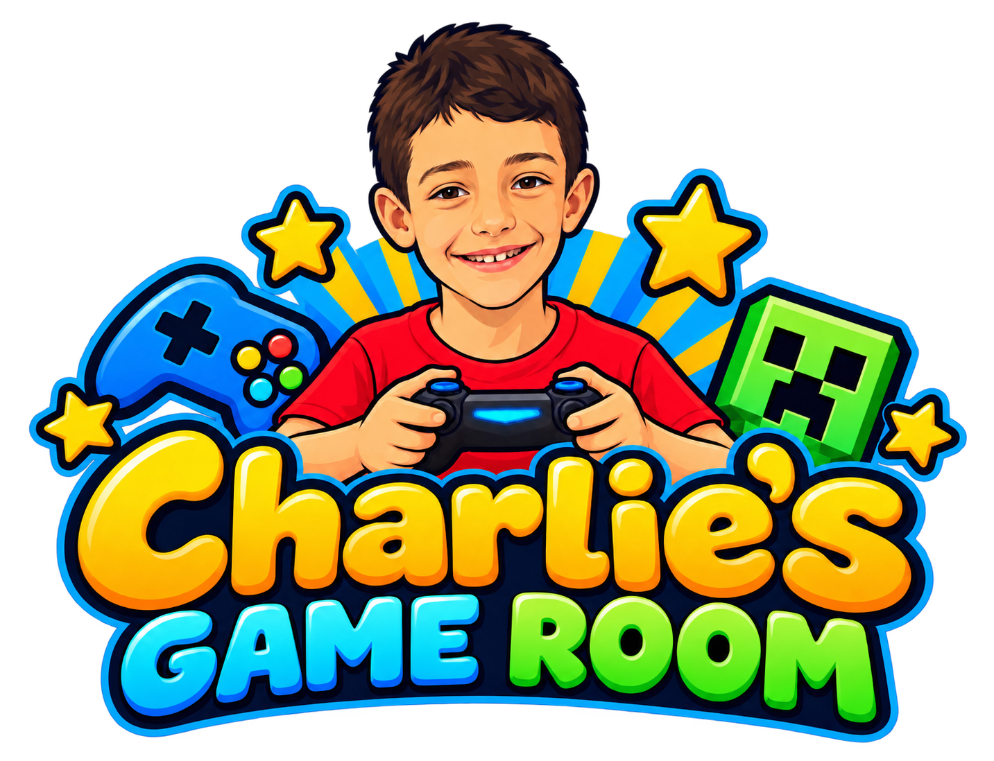 Charlie’s Game Room: cartoon Charlie holding a controller, with stars and a green Creeper